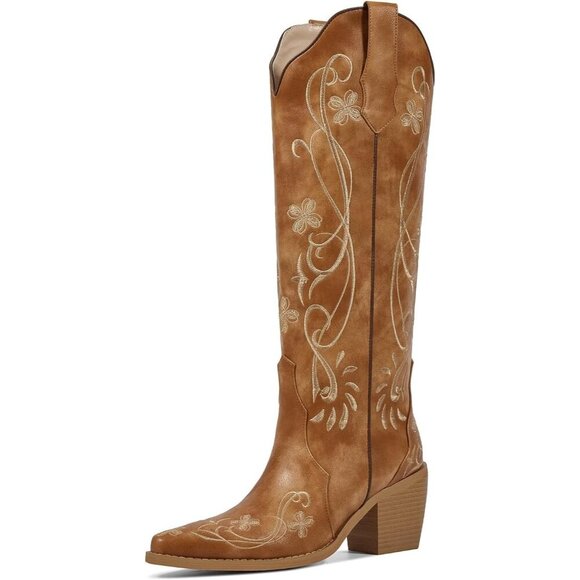 Shoes - Women's Brown Western Boots with Floral Embroidered Pointed Toe Chunky Heel